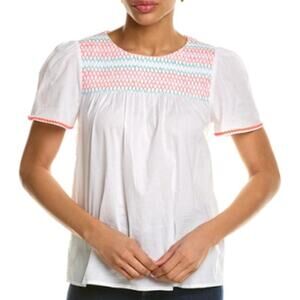 BODEN Women's Embroidered Top US 16 / 18 White May Flutter Smocked Ric Rac